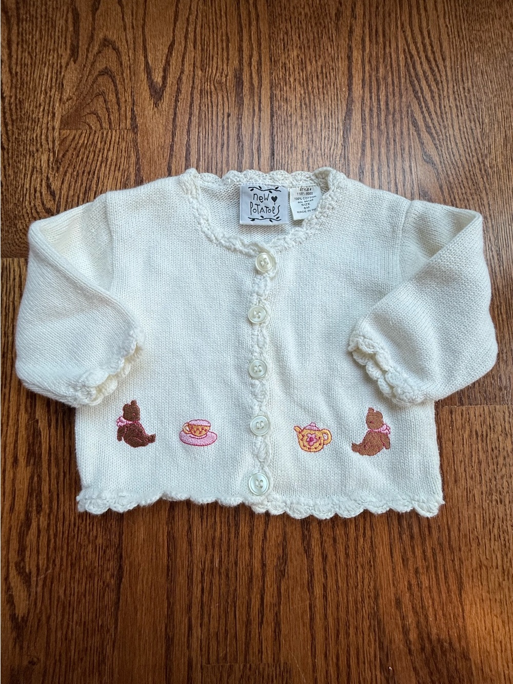 Knit Baby Cardigan with Tea Time Embroidery 6 Months